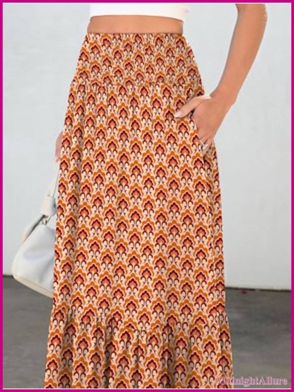 Boho Floral Maxi Skirt, High Waisted Tiered Flowy Beach Skirt with Pockets - Picture 4 of 6